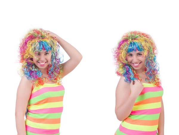 Woman with colourful wig isolated on white — Stock Photo, Image