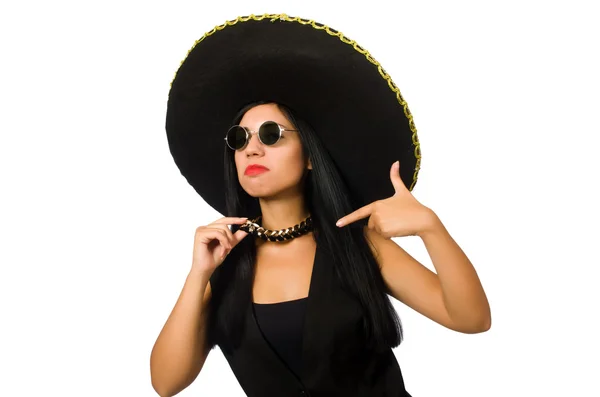 Young mexican woman wearing sombrero isolated on white — Stock Photo, Image