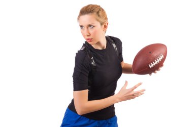 Amerikan futbolu üzerine beyaz izole kadın
