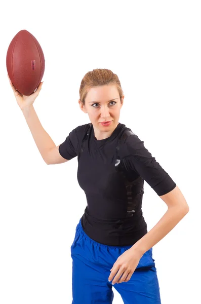 Woman with american football isolated on white — Stock Photo, Image