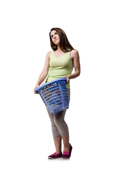 Woman feeling sressed after doing dirty laundry — Stock Photo, Image