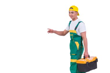 Beyaz izole toolkit toolbox ile genç adam