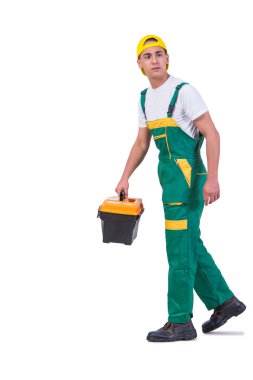 Beyaz izole toolkit toolbox ile genç adam