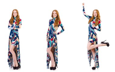 Beyaz elbiseli, mavi elbiseli çekici bir kadın.