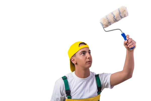 Молодой художник-ремонтник с роликом изолирован на белом — стоковое фото