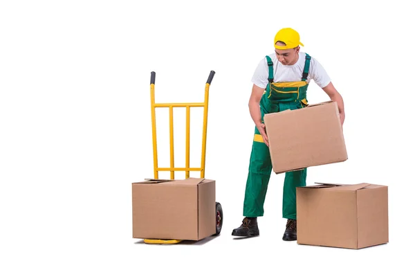 Giovane uomo in movimento scatole con carrello isolato su bianco — Foto Stock