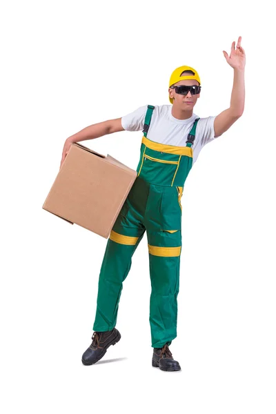 Young man moving boxes isolated on white — Stock Photo, Image