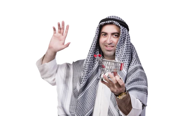 Arabische man met kar winkelwagentje geïsoleerd op wit — Stockfoto