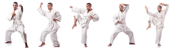 Collage van karate speler in kimono geïsoleerd op wit — Stockfoto