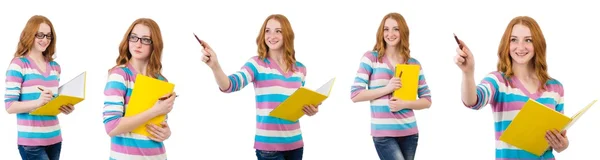 Junge Studentin mit Büchern auf Weiß — Stockfoto