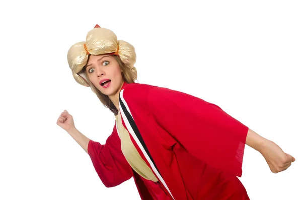 Woman wizard in red clothing isolated on white — Stock Photo, Image