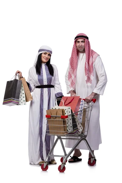 Happy arabic family after shopping isolated on white — Stock Photo, Image