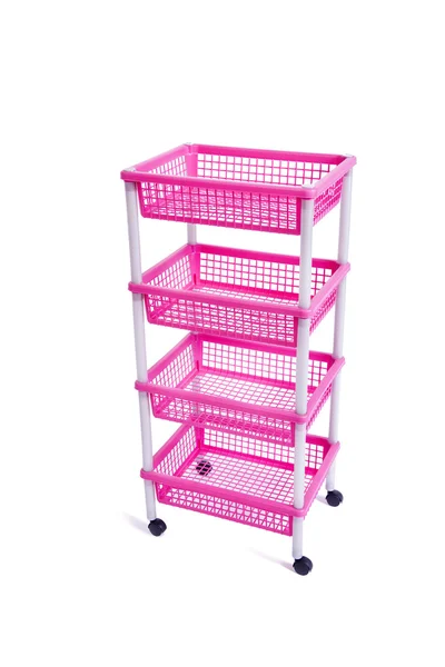 Prateleira de rack bin rosa com rodas isoladas em branco — Fotografia de Stock