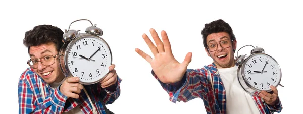 Student with alarm clock isolated on white — Stock Photo, Image