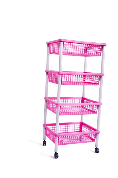 Prateleira de rack bin rosa com rodas isoladas em branco — Fotografia de Stock