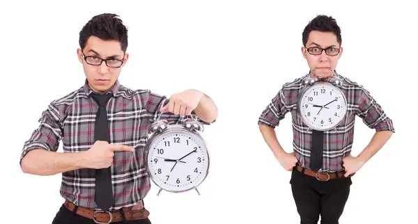 Ung man med klockan isolerad på vitt — Stockfoto