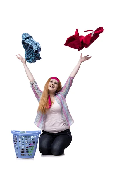 Woman tired after doing laundry isolated on white — Stock Photo, Image