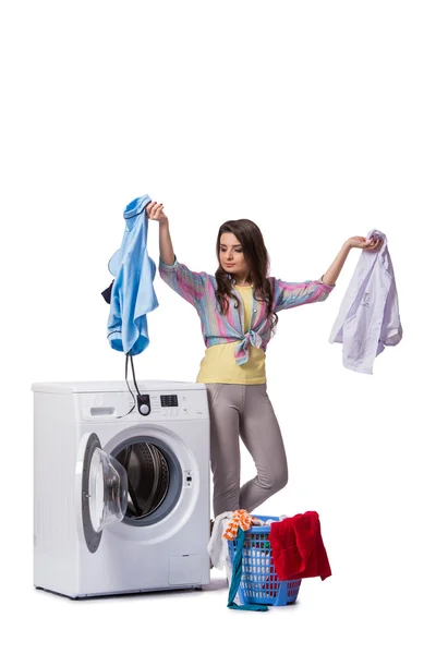 Woman tired after doing laundry isolated on white — Stock Photo, Image