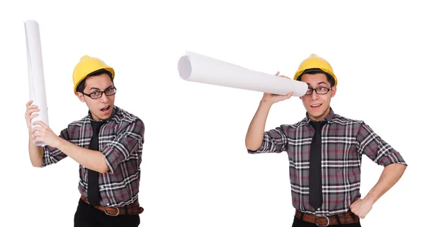 Funny man with blueprints on white — Stock Photo, Image