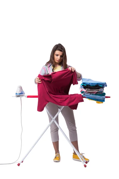 Woman ironing clothing isolated on white — Stock Photo, Image