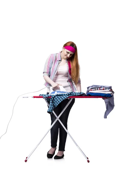 Young woman doing ironing isolated on white — Stock Photo, Image