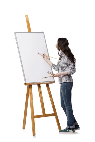 白い背景に分離された絵を描く女性アーティスト — ストック写真