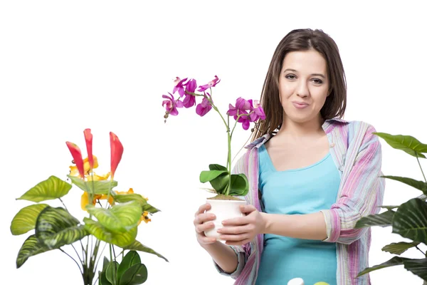 Frau kümmert sich um Pflanze isoliert auf weiß — Stockfoto