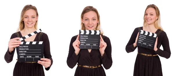 Ragazza vestito marrone tenendo clapperboard isolato su bianco — Foto Stock