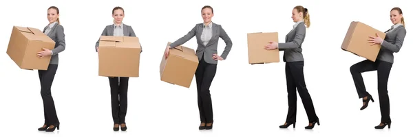 Sammansatt bild av kvinna med lådor på vitt — Stockfoto