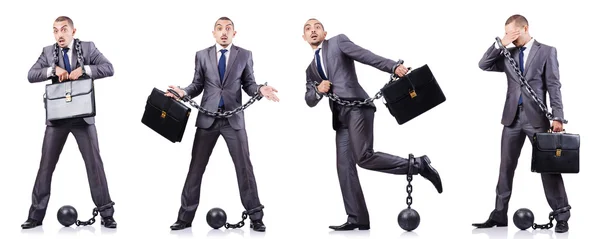 Businessman with shackles on white — Stock Photo, Image