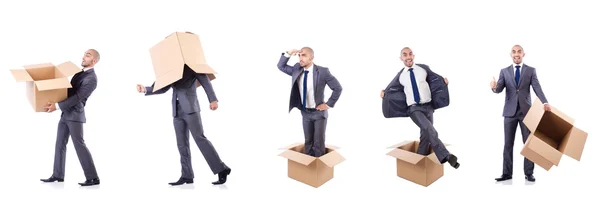 Collage of photos with man and boxes — Stock Photo, Image