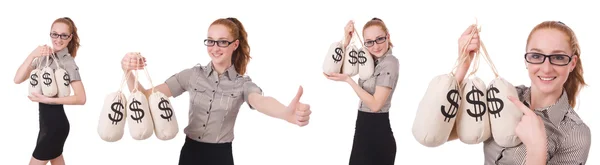 Collage of young businesswoman with money sacks on white — Stock Photo, Image