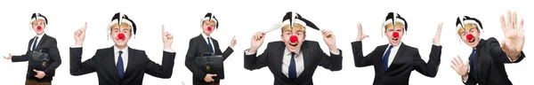 Collage von Clown Geschäftsmann isoliert auf weiß — Stockfoto