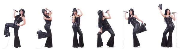 Woman singing in karaoke club in various poses on white — Stock Photo, Image