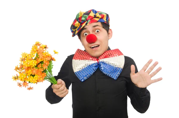 Смішний клоун з квітами ізольовані на білому — стокове фото