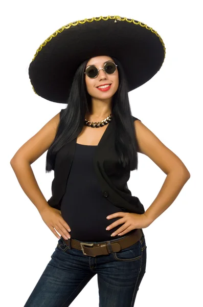 Young mexican woman wearing sombrero isolated on white — Stock Photo, Image