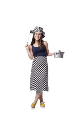 Genç kadın şef aşçı üzerinde beyaz izole