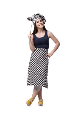 Genç kadın şef aşçı üzerinde beyaz izole