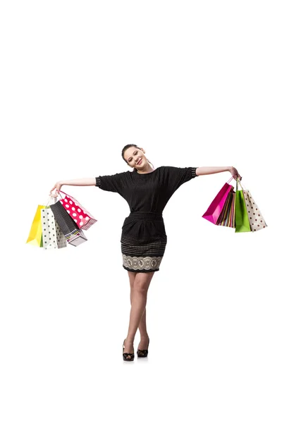 Mujer feliz después de buenas compras aislado en blanco — Foto de Stock