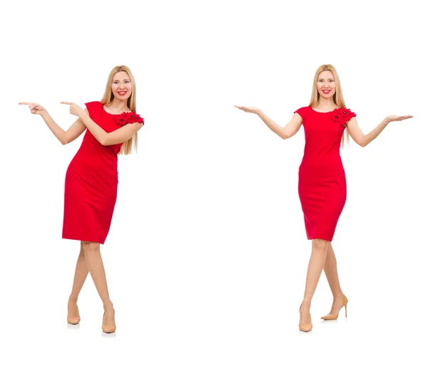 Nő piros ruhában elszigetelt fehér — Stock Fotó