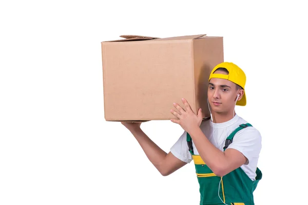 Giovane uomo in movimento scatole isolato su bianco — Foto Stock