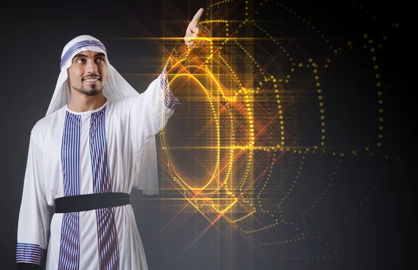 Hombre árabe presionando botones virtuales en concepto futurista —  Fotos de Stock