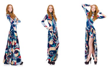 Beyaz elbiseli, mavi elbiseli çekici bir kadın.