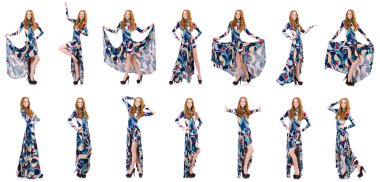 Beyaz elbiseli, mavi elbiseli çekici bir kadın.