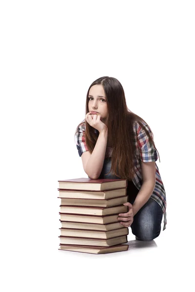 Beyaz arka plan üzerinde izole kitap ile öğrenci — Stok fotoğraf