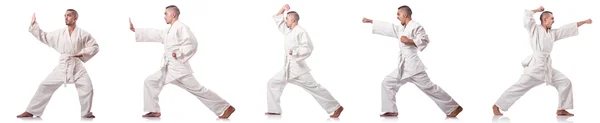 Collage eines Karate-Spielers im Kimono isoliert auf Weiß — Stockfoto