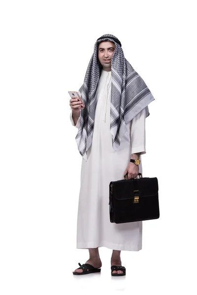 白で隔離彼の携帯電話を持つアラブ男 — ストック写真