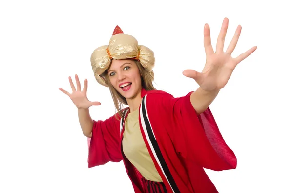 De wizard van de vrouw in rode kleding op wit wordt geïsoleerd — Stockfoto