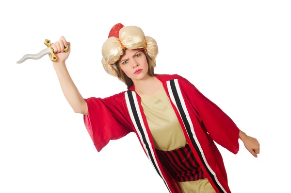 Magicien femme en vêtements rouges isolé sur blanc — Photo