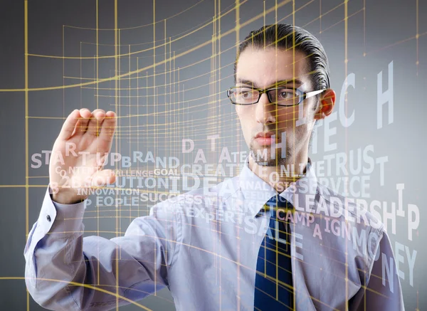 Geschäftsmann drückt virtuelle Knöpfe in futuristischem Konzept — Stockfoto